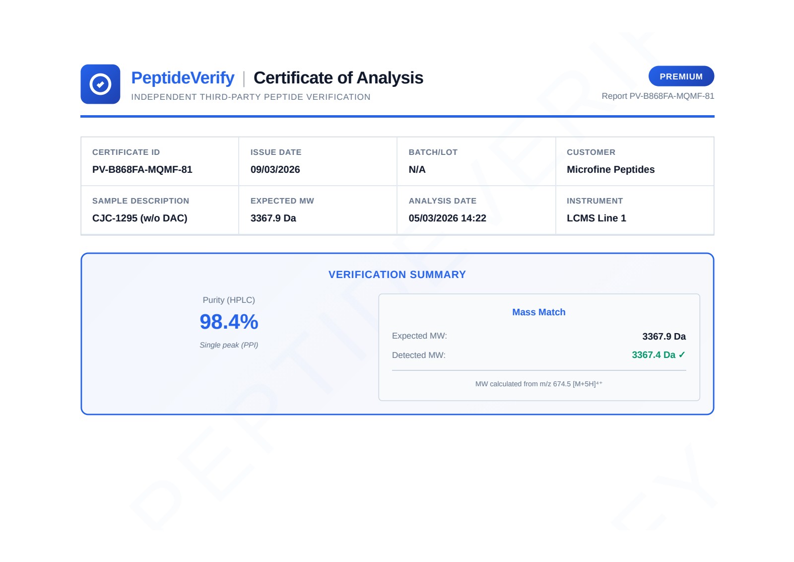 Certificate of Analysis for CJC-1295 (No Dac) 5mg